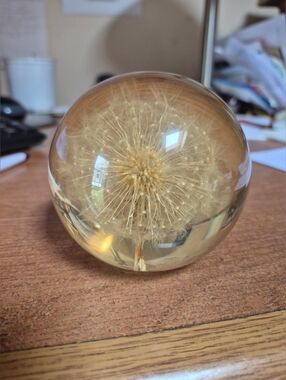Glass Paperweight with Encased Golden Dandelion - Home Art